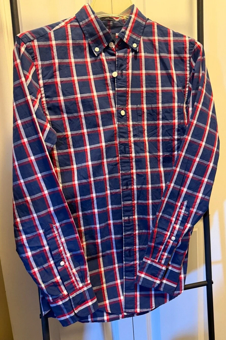 J Crew Shirt Mens XS Plaid Red Blue Slim Long Sleeve Button Down Shirt Cotton